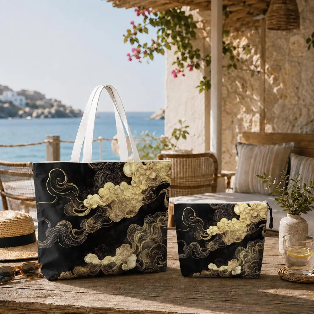 classical auspicious clouds Storage Bags 2-Piece Double-Sided Printed Canvas Tote Bag Set with Zipper Shoulder Bags Handbags