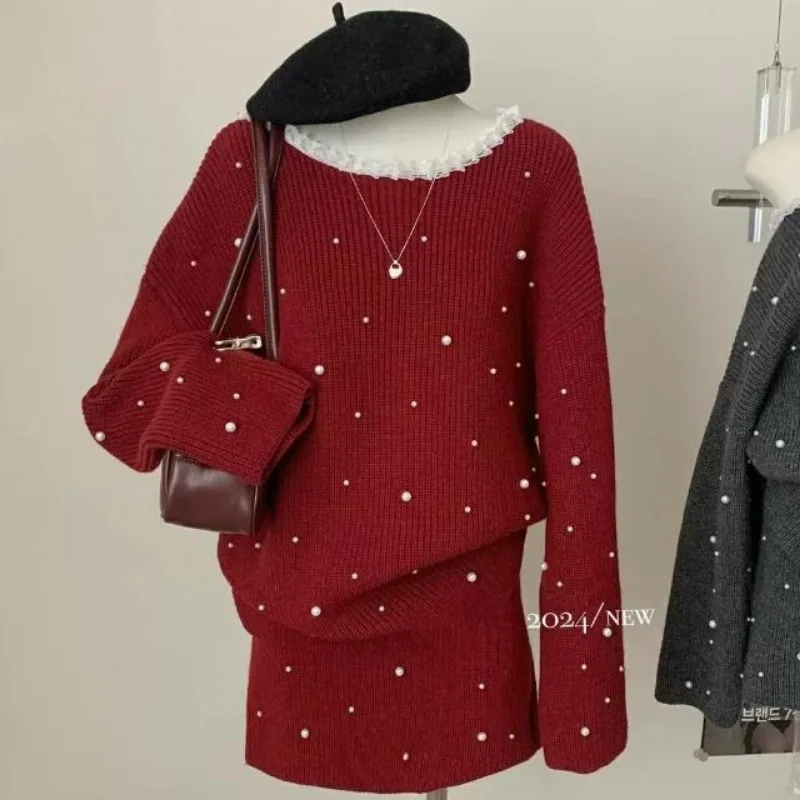 

Beaded Lace Collar Sweater with Half-length High-waist Skirt Two-piece Set for Women Autumn Winter New Knitted Sweater Suit