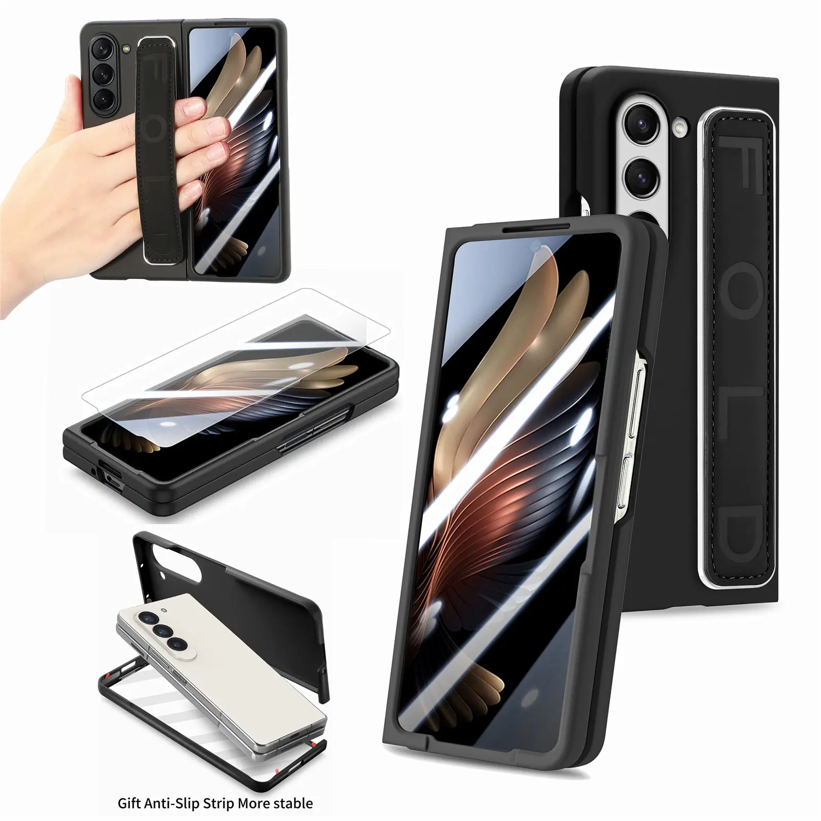 Elastic Rope Wrist Strap Phone Case for Samsung Galaxy Fold 5 Fold5 5G 2023 Hard Cover with Tempered Glass Screen Protector