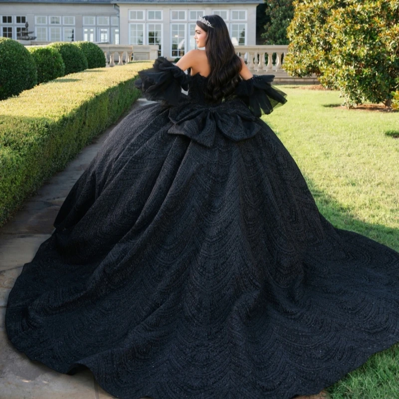 

Black Quinceanera Dresses Off The Shoulder Applique Beading Crystal Bow Tull Corset Party Birthday Sweet 16 Dress Vestidos 15 De