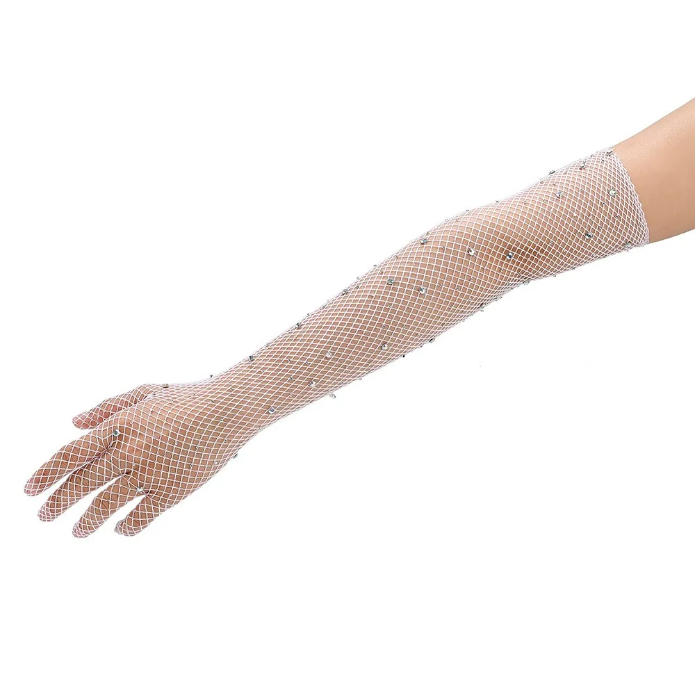 New Mesh Long Mittens Glitter Rhinestone Party Dress Fishnet Gloves Dance Costume Punk Hip Hop Performance Gloves Sexy