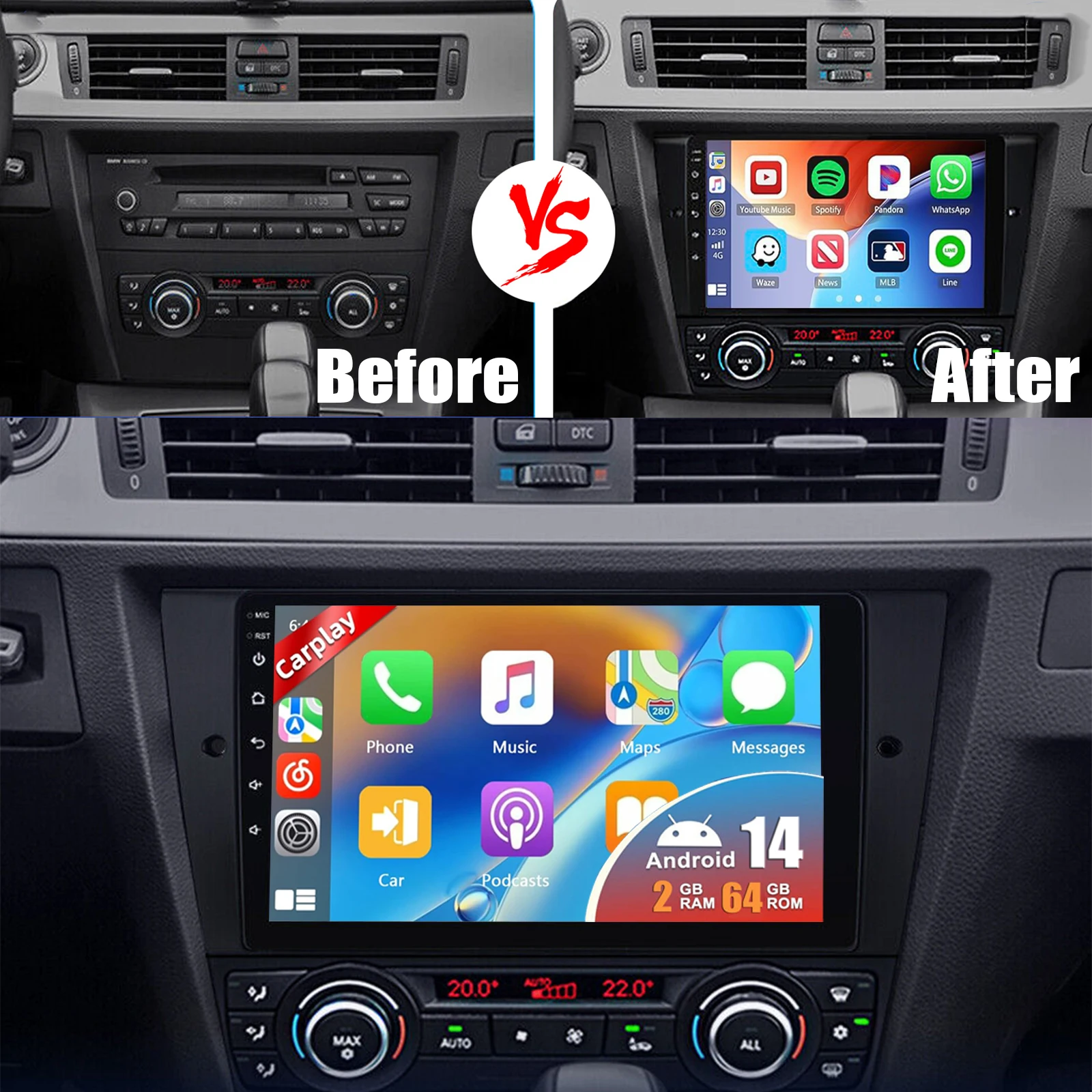 64G Android14 CarPlay For BMW 3 Series E90 E91 E92 E93 2005-2013 9" Car Stereo GPS Navi WiFi Bluetooth FM Radio IPS Touch Screen