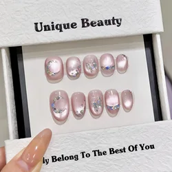 Handmade Press on Nails Sweet Pink Cat Eye Fake Nails with Colorful Diamond Design Full Cover Wearable Korean Cute False Nails