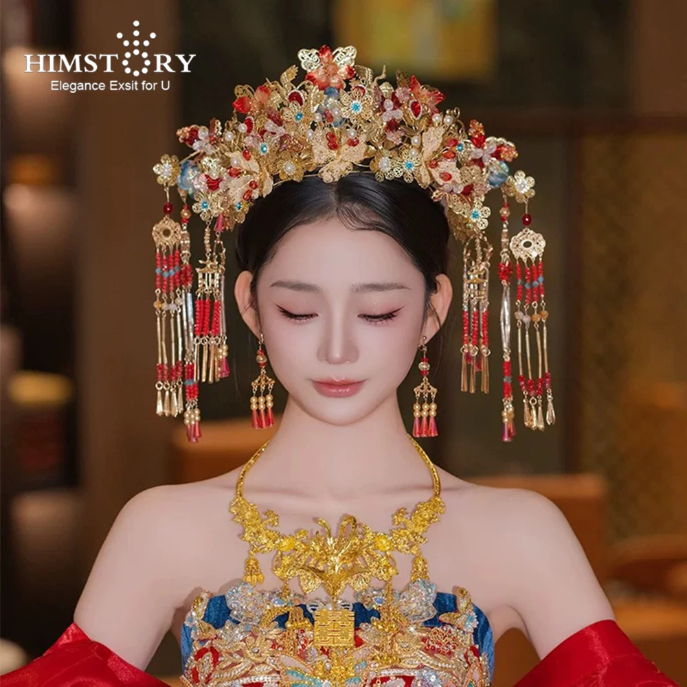 

HIMSTORY Chinese Style Xiuhe Headdress Red Phoenix Hair Crown Wedding Phoenix Hanfu Crown Hair Accessories