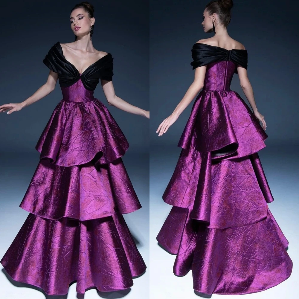 

Customized Temperament Sweep Train Satin Evening Dress Elegant Tiered Prom Dress Simple Off the Shoulder Special Occasion Gowns