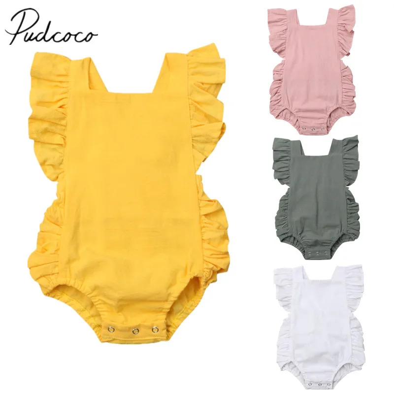 

Newborn Toddler Kids Baby Girls Romper Ruffles Short Sleeve Solid Backless Belt Jumpsuits Cotton Solid Playsuit