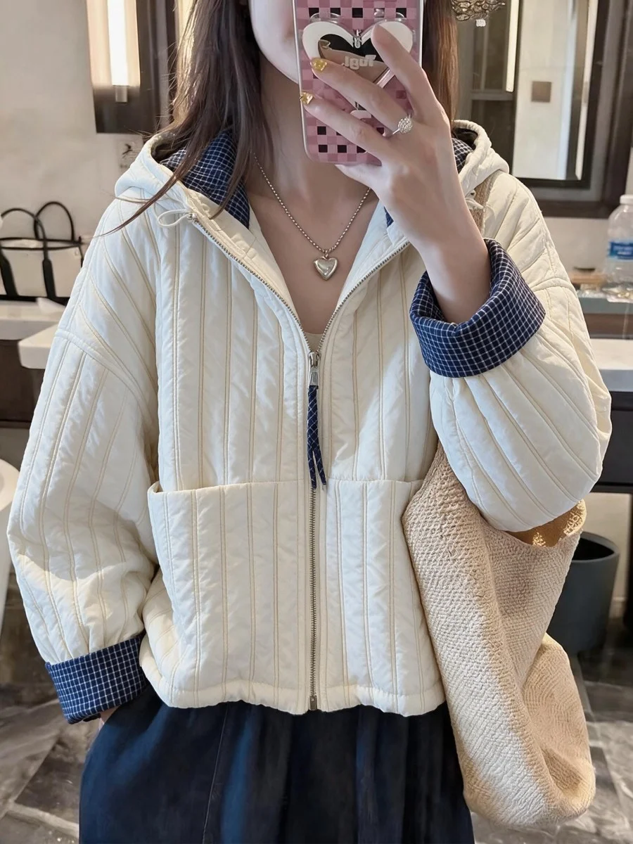Young Stylish Quilted Cotton Jacket Women's Loose Fit Hooded Lightweight Autumn Winter Coat Casual Comfortable Polyester Fabric
