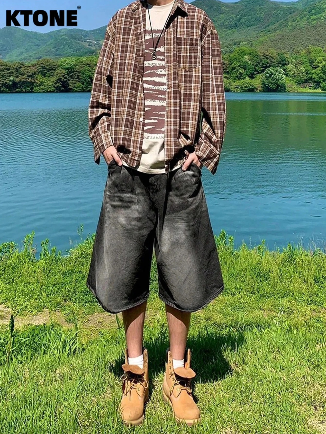 Men vintage black non stretch denim jorts loose casual solid color simple all match daily wear shorts