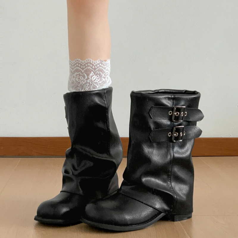 Vintage Thick Heel Women Western Ankle Boots Eelgant Belt Buckle Shoes Ladies Cosy Soft Leather Short Booties