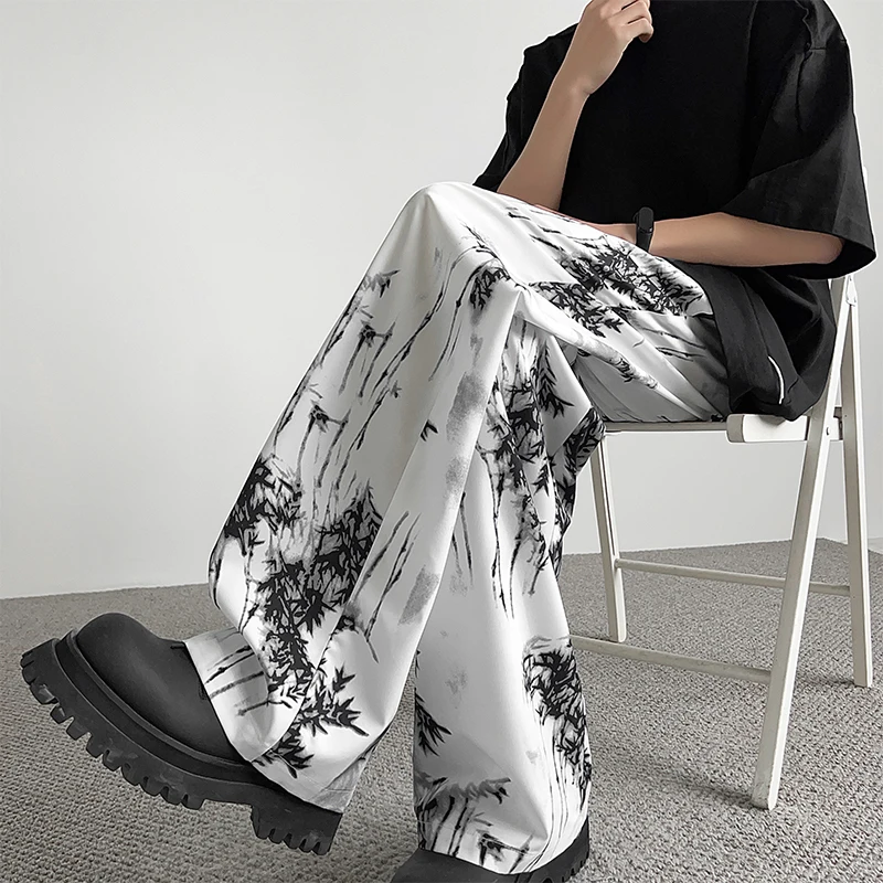Trendy New Summer Ice Silk Fabric Men's Printing Tie Die Pockets Elastic Waist Drawstring Casual Loose Wide Leg Straight Pants