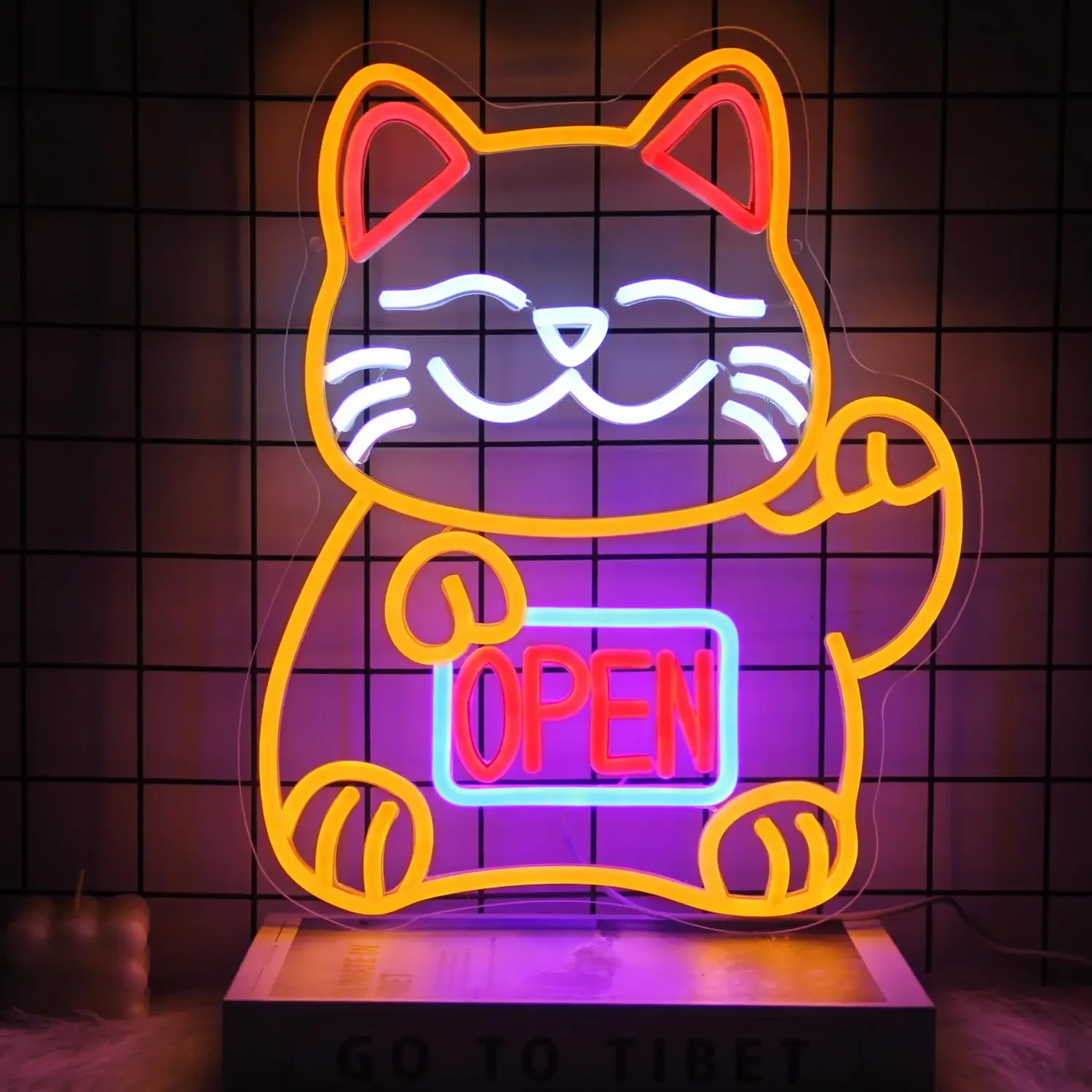 

Lucky Cat Open Neon Sign USB Dimmable LED Sign for Restaurant Ramen Shop Izakaya Sushi Bar Decor Business Openings Decor Gift