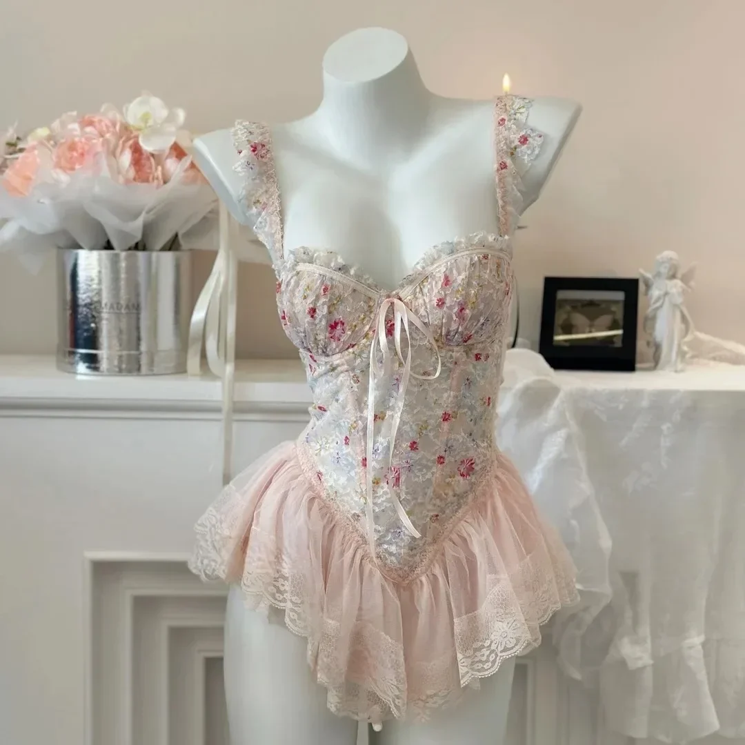 

Sweet Heart Lace Sexy Nightgown Fishbone Bra Floral Sleepwear Gathered Pure Desire Strapless Bra with Chest Pad Women's