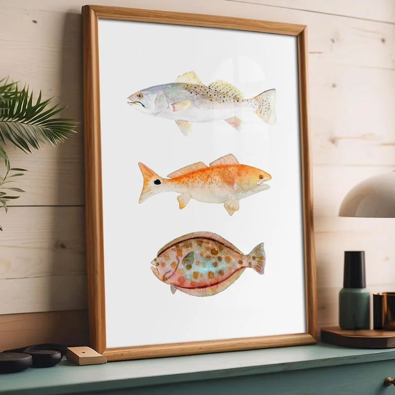 نابضة بالحياة المائية سمك السلمون المرقط الأسماك المشارك الحديثة بحيرة الأسماك الصيد حائط لوح رسم الفن صياد غرفة ديكور المنزل هدية لأبي