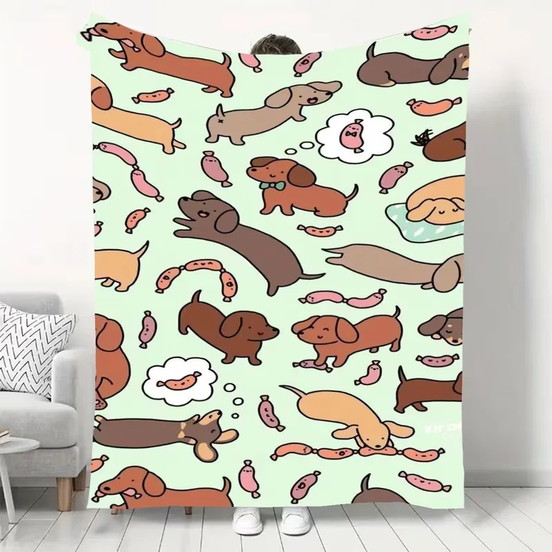Cute Cartoon Dachshund Sausage Dog Blanket Puppy Print Soft Cozy Warm Blanket for Sofa Bed All Season Use