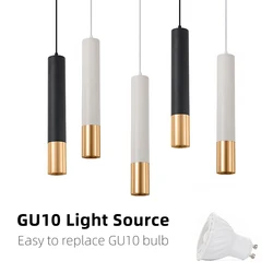 Long Tube Brushed Finish with Round Chassis GU10 LED Pendant Lamp Indoor Kitchen Island Bar Black White Gold Hanging Light