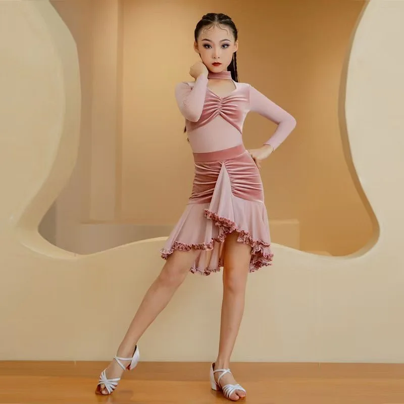 new latin dance long sleeve Line dance skirt costumes for girls Dance competition costume Dancewear skirt Line dance clothing