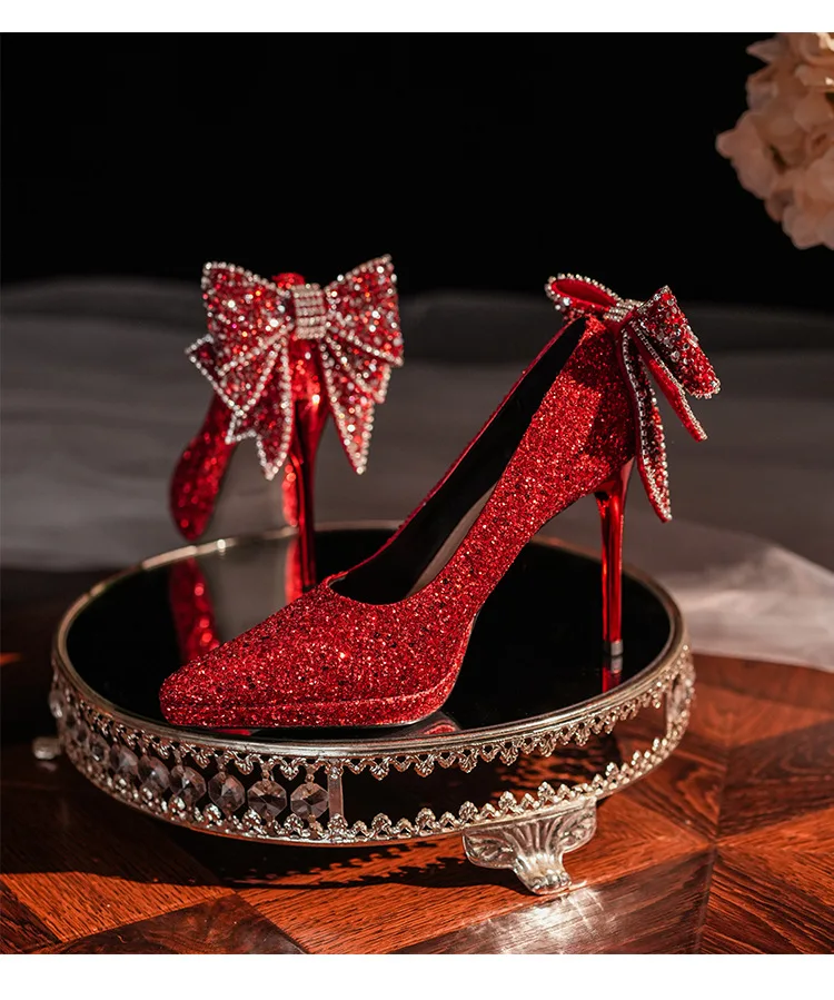 2023 Autumn Luxury Women\'s Shoes Pointed Toe Waterproof Platform Sequins Rhinestone Bow Crystal High Heels Party Wedding Shoes