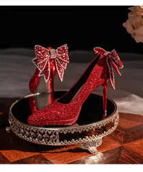 2023 Autumn Luxury Women's Shoes Pointed Toe Waterproof Platform Sequins Rhinestone Bow Crystal High Heels Party Wedding Shoes