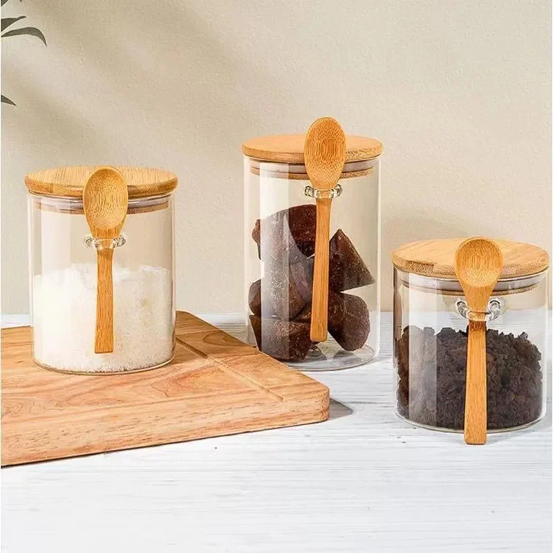 

Bamboo Lid with Spoon Sealed Jar Household Glass Storage Jar Tea Jar Coffee Bean Storage Jar Seasoning Jar Milk Powder Jar