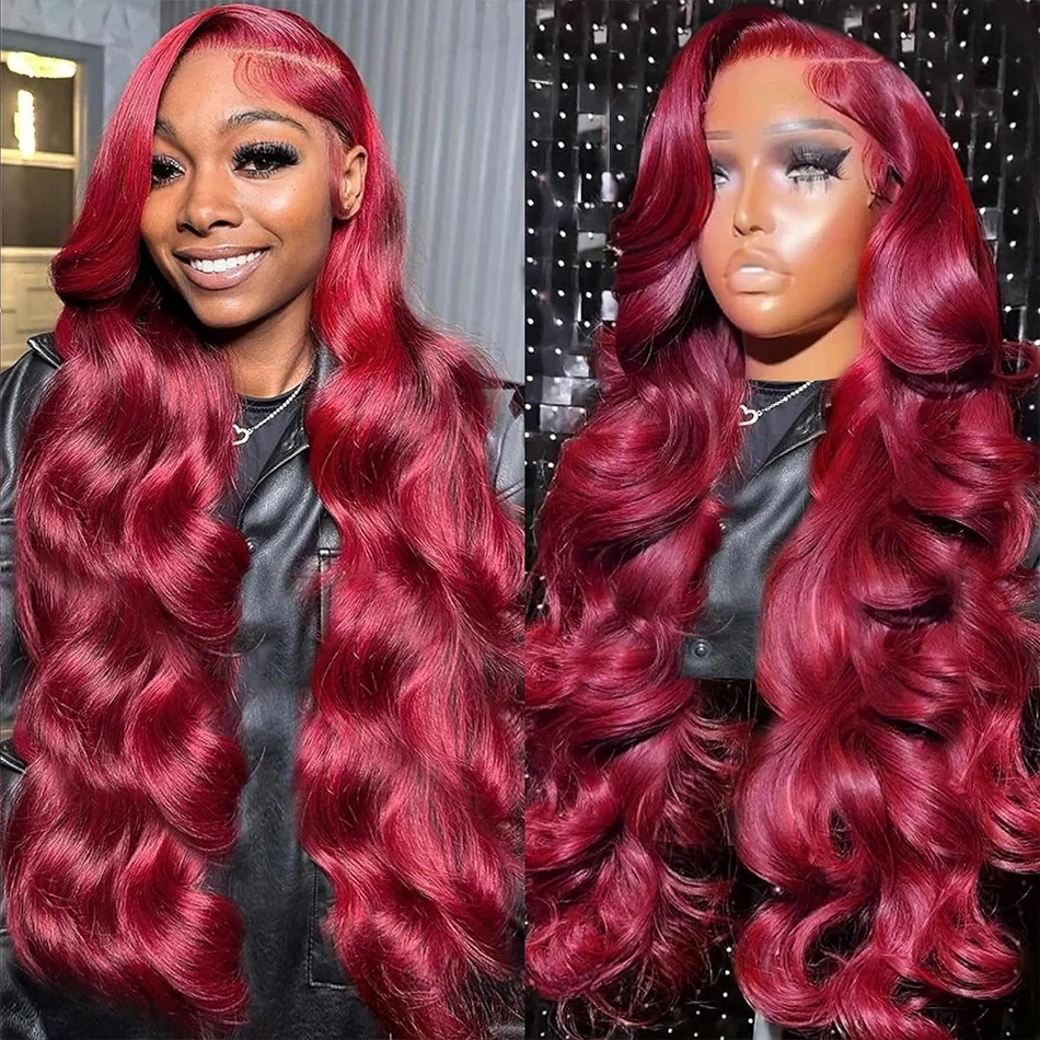 

Body Wave 99J Red Colored Wigs 33 Inches 180 Density 13x4 Transparent Lace Frontal Human Hair Pre Plucked Wig For Women