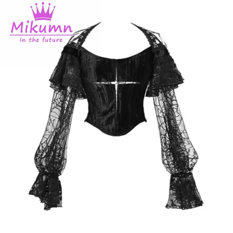 Women Gothic Hollow Out Cross Spider Web Lace Lantern Sleeve Tops Shirts Halloween Autumn Vintage Velvet Blouses