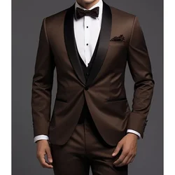 Trajes formales marrones para hombre, trajes de fiesta especiales con solapa de chal negro, ropa masculina elegante, chaqueta, pantalones, chaleco, 3 piezas