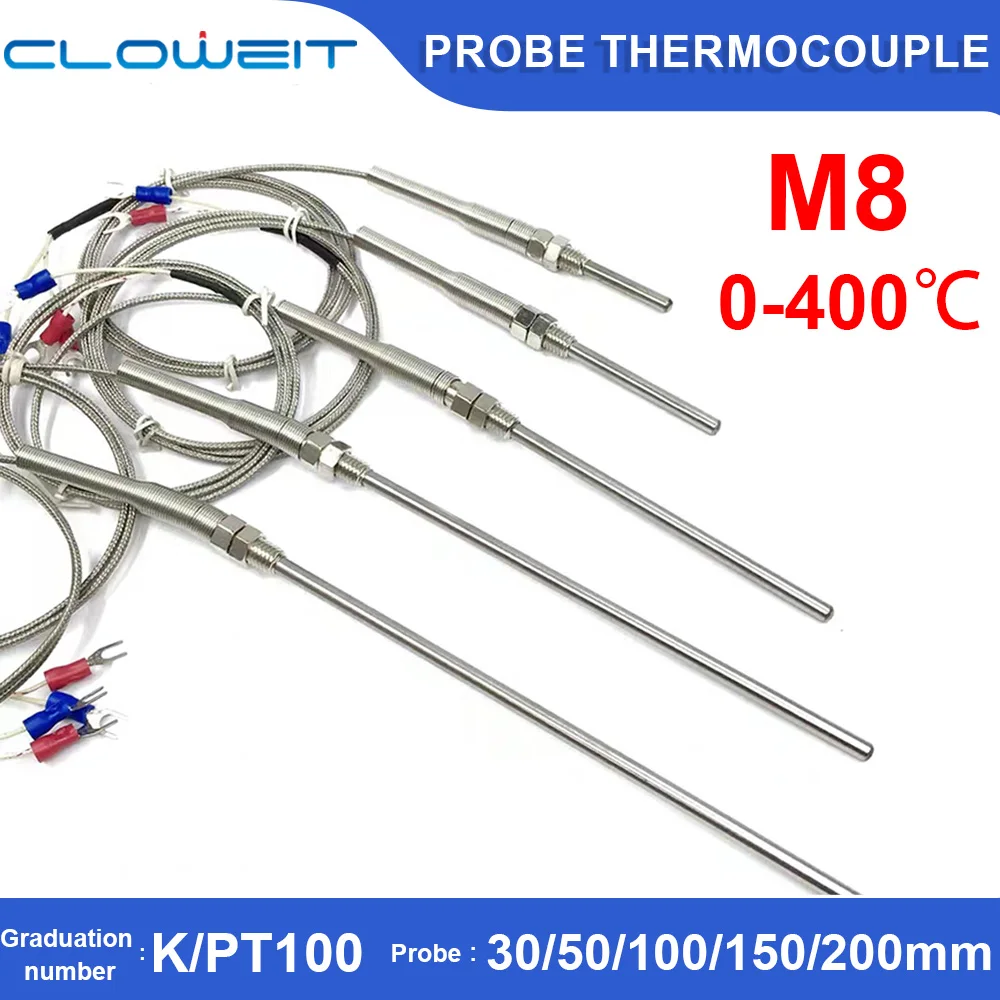 0-400℃ M8 K Type 1m 2m 3m 5m Probe Length 50mm 150mm 100mm 200mm Probe Screw Thread Cable Thermocouple Oven Temperature Sensor