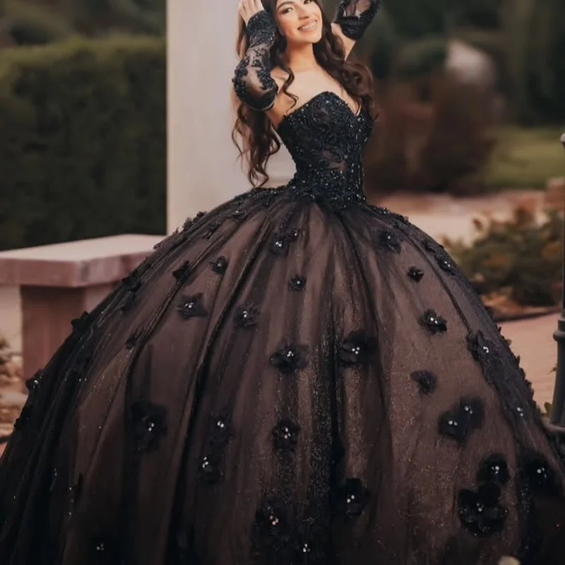 

Черные платья Quinceanera по индивидуальному заказу с открытыми плечами и блестками, аппликация, 3D цветок, длинный хвост, Vestido De 15, Quinceanera