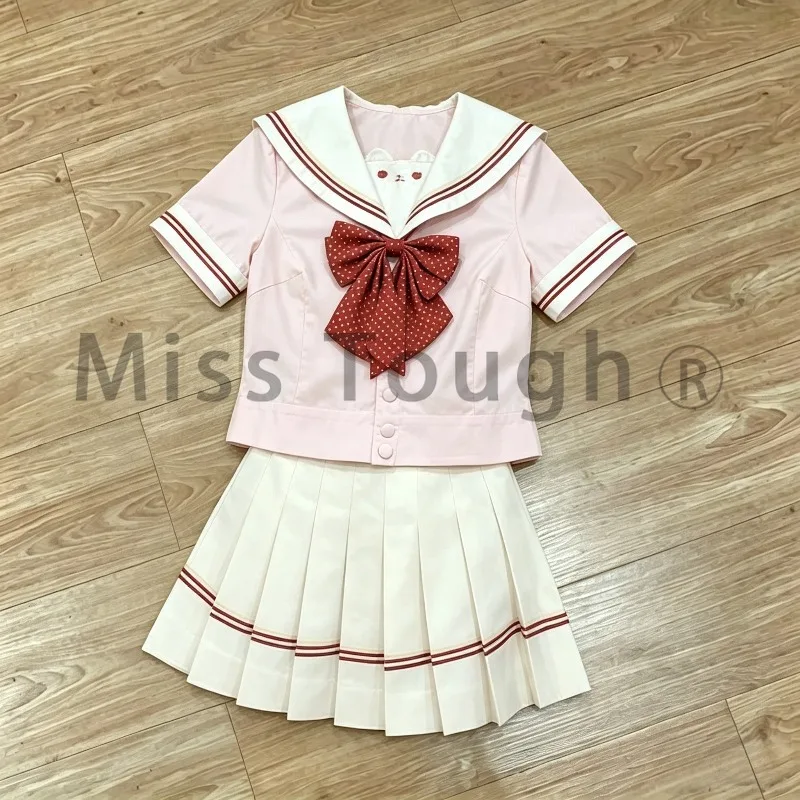 

Japanese Sweet Kawaii Polka Dot Women's 3 Piece Set Embroidery Pleated Cute Lolita Y2k Campus Wear Sailor Collar Sleeve Set 2026