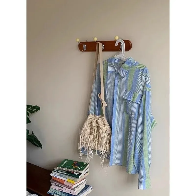 Women's Blue Green Pattern Oversized Shirt - Long Sleeve Loose Blouse For Travel/daily Wear view 2