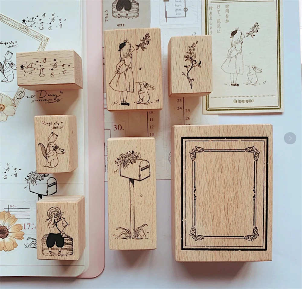 Vintage Childhood Girl Tulip Bunny Wooden Rubber Stamp for DIY Scrapbooking Photo Album Card Making