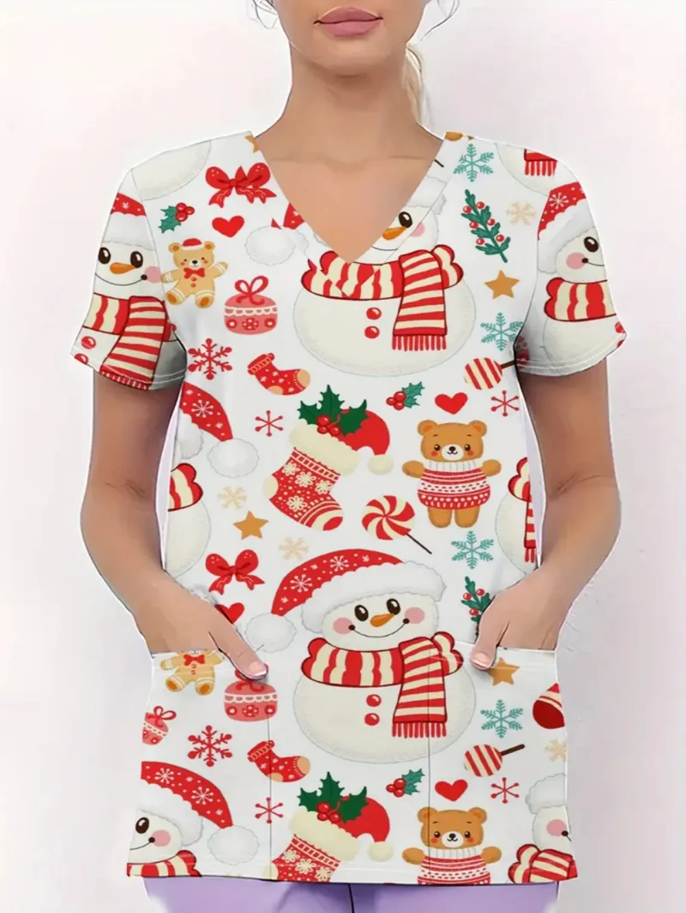 Nurse Uniform Woman Cute Cartoon Print Veterinary Uniform Summer Quick-Dry V-Neck Short Sleeve with Pockets Tops Women's Scrub