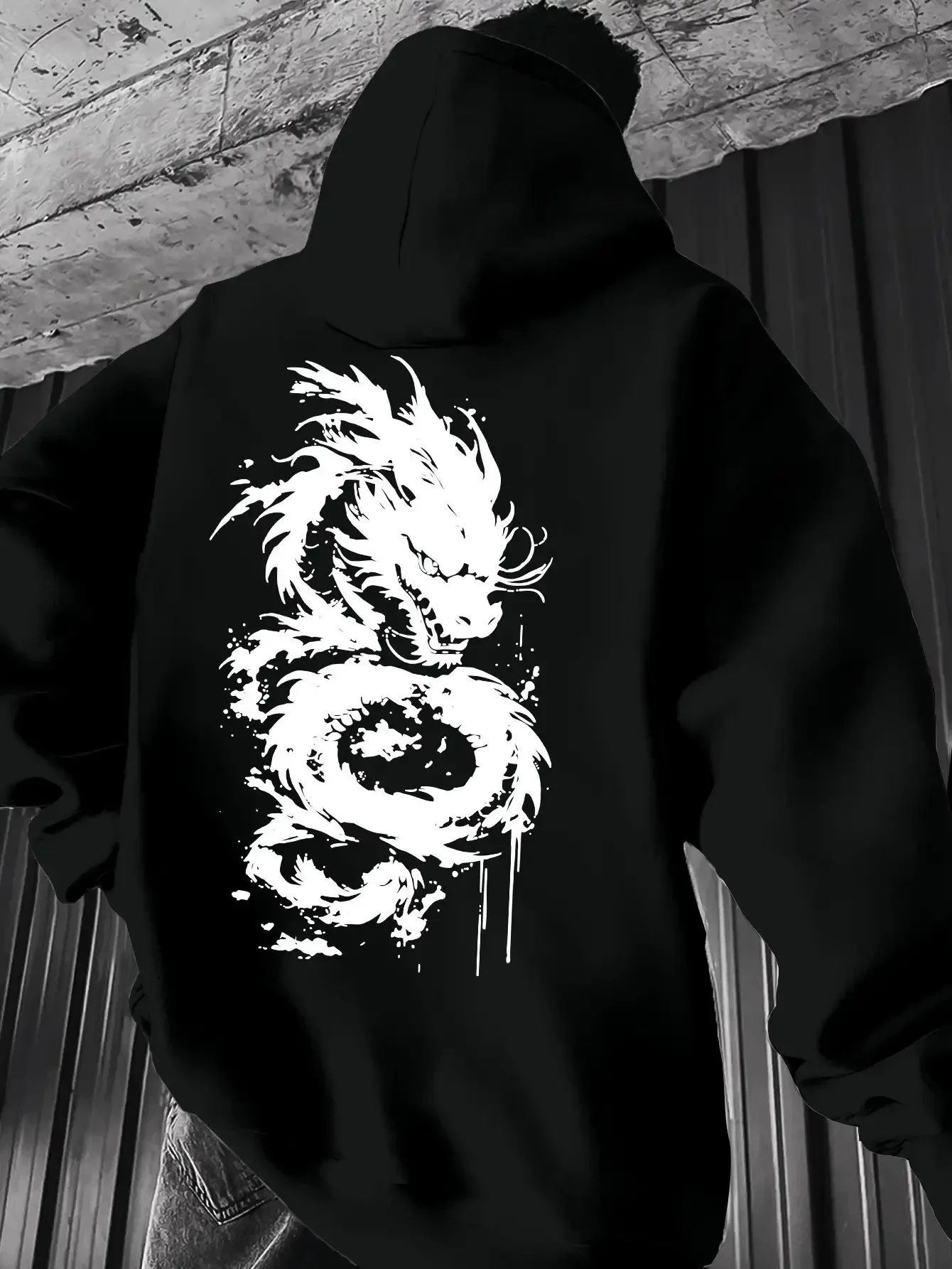 Men Women Ink Splash Oriental Dragon Graphic Hoodie Back Print Street Tattoo Style Loose Hooded Pullover Sweatshirt