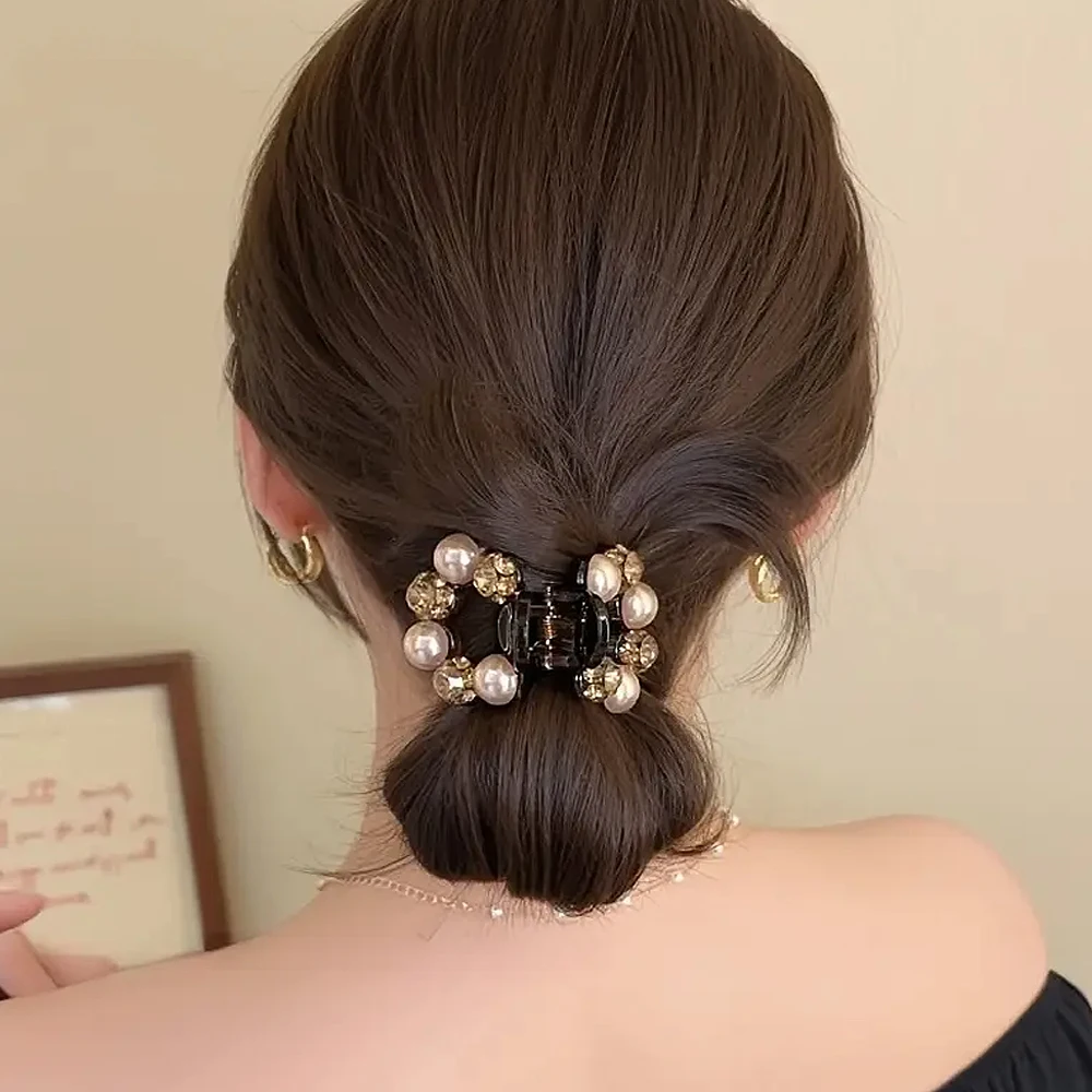 Fashion Rose Flower Hair Claw Faux Pearl Crystal Acrylic Jaw Clips Women Girls Non-Slip Ponytail Holder Hairpins Casual Headwear