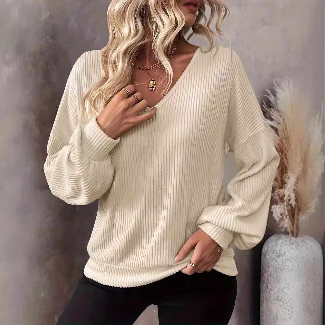 Autumn Fashion New Long Sleeved Top Casual Elegant V-Neck Twisted Stripe Color Blocked Short Sleeved Loose T-Shirt for Women