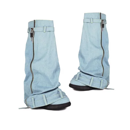 Denim Designer Women Padlock Fold Boots 2024 Metalowe buty damskie Trend 2025 Zamek błyskawiczny Duży rozmiar Damskie buty do połowy łydki 35-43