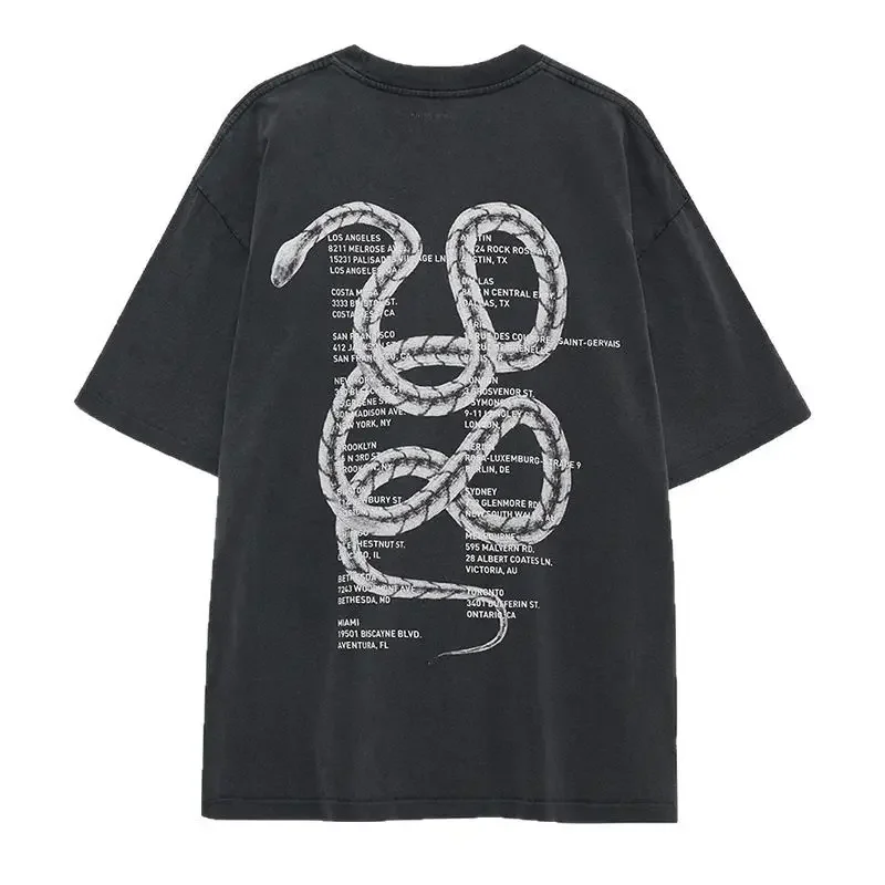

Women's Snake Letter Printing T-Shirt, Washed Fried Color, Old Charcoal Grey, Short Sleeve, Spring, New, 25