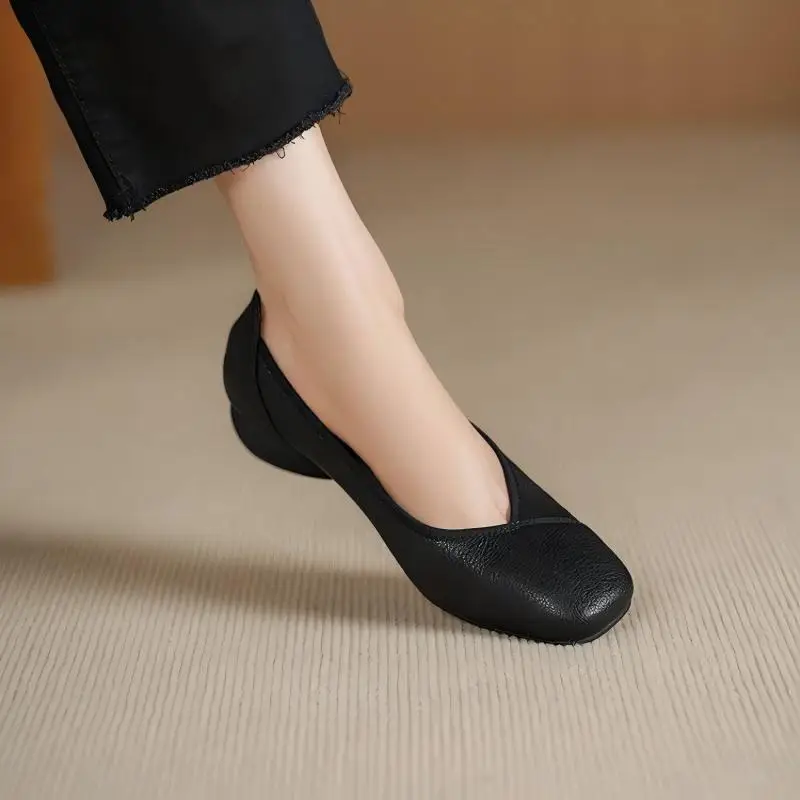 Women's Soft Leather Flats Square Toe Slip-On Comfortable Low Heel Soft Sole Lightweight Casual Mother's Shoes for Daily Walking image 5