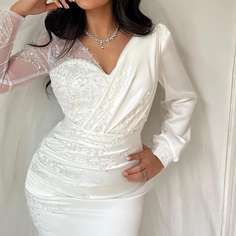 Luxury White Mermaid Wedding Dresses Long Sleeves Beadings V-Neck Detachable Train Satin Bridal Gown Elegant Robe De Mariee