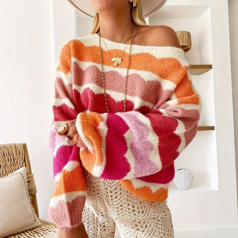 

Women Colorful Striped Kintted Sweater Loose Pullover Slash Loose Casual Jumper Tops Autumn Winter Vintage Harajuku Oversized