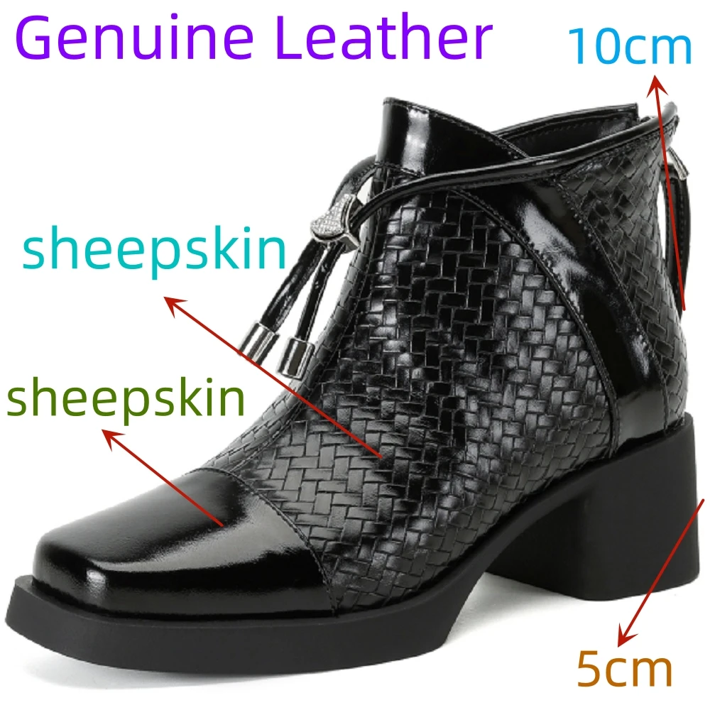 【JOCHEBED HU】Handmade Genuine Leather Retro Mid Heeled Short Boots Autumn New Square Toe Lace Up Women's Shoes 33-40