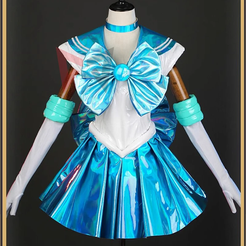 New Anime Mizuno Ami Sailor Mercury Cosplay Costume Leather Skirt Jumpsuit Gloves Necklace Set Custom Made