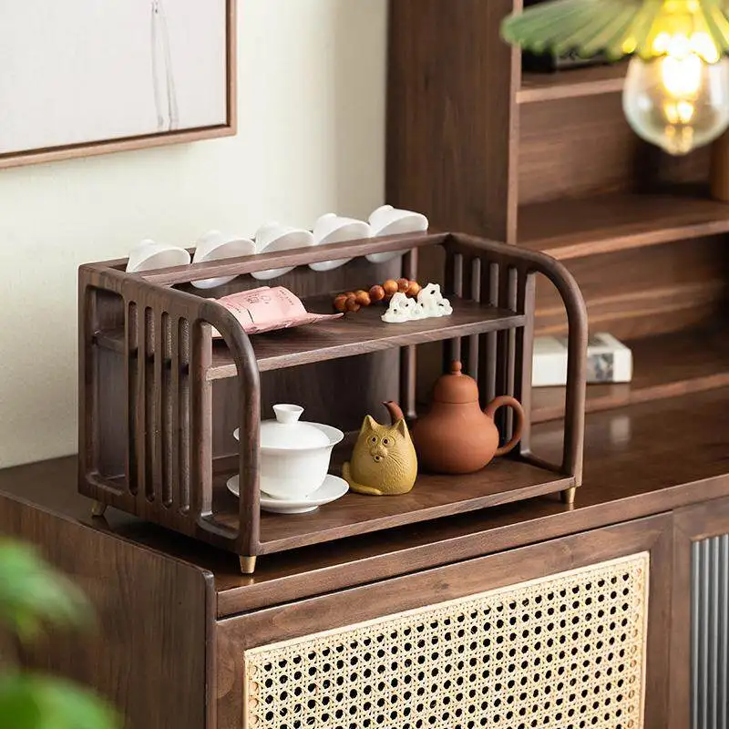 Simple Chinese storage rack Household walnut solid wood tea set Teacup rack Desktop tea ceremony ware Sundries storage Bogu rack