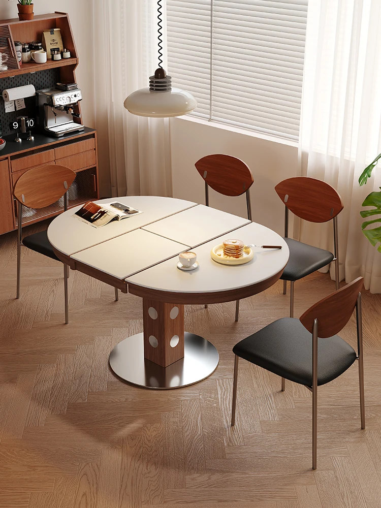 Folding Square to Dining Table Vintage Solid Wood Rock Slab Oval Small Apartment Retro Telescopic Anti-Scalding Table