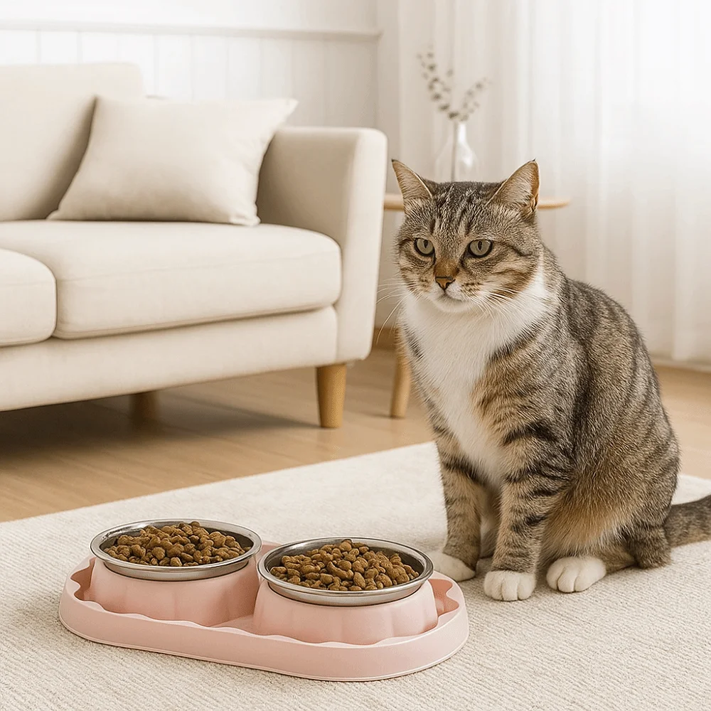 

Simple Stainless Steel Double Pet Bowl Anti Topple Anti-slip Pet Dog Feeder Leakproof Dog Food Dispenser For Cats Dogs