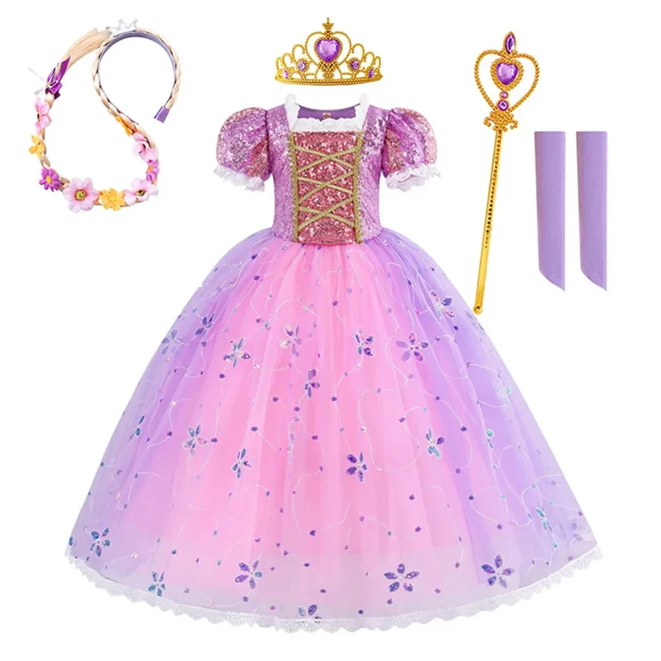 Girls Rapunzel Princess Dress Children Fancy Cosplay Tangled Costume Set Halloween Carnival Birthday Party Gown Outfit Clothes