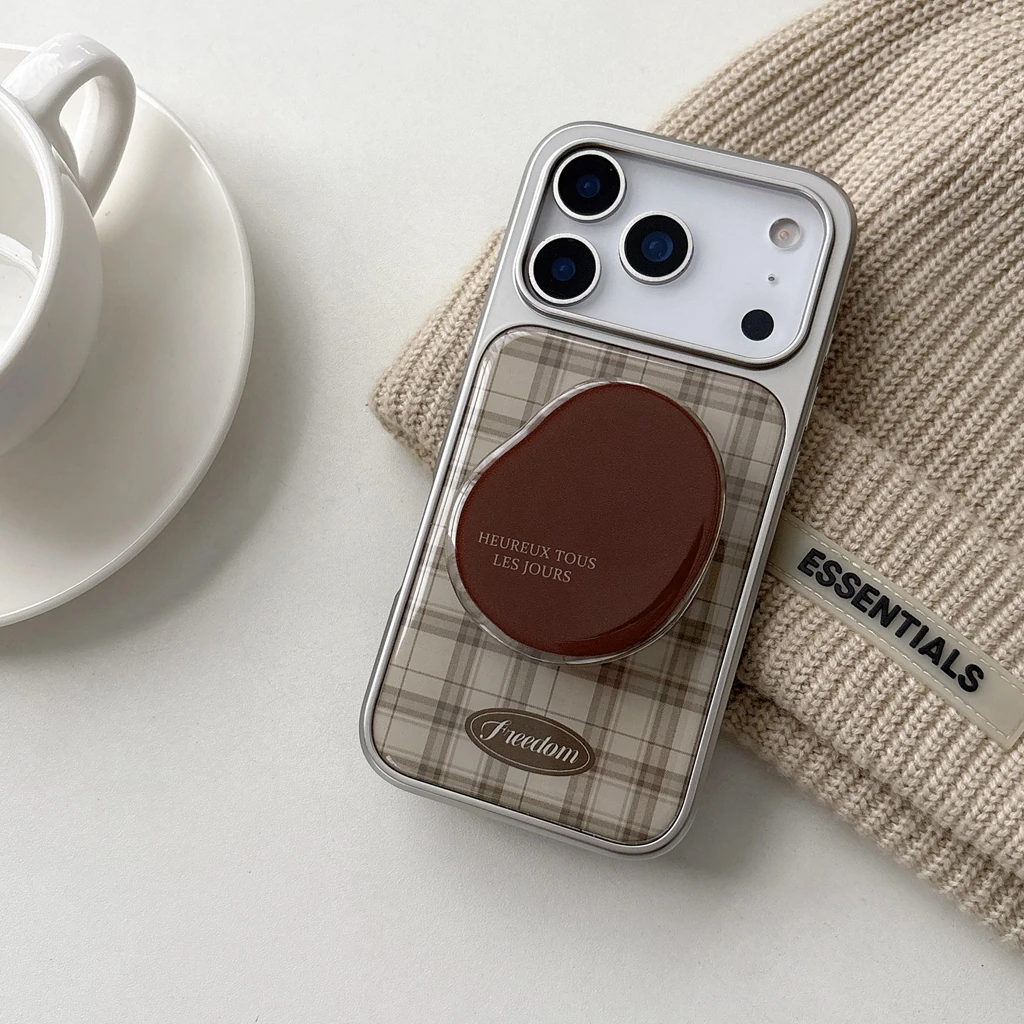 

Ретро коричневый сетчатый узор с серебряной каймой и геометрическим держателем, чехол для телефона для iPhone 17, 16, 15, 14 Pro Max