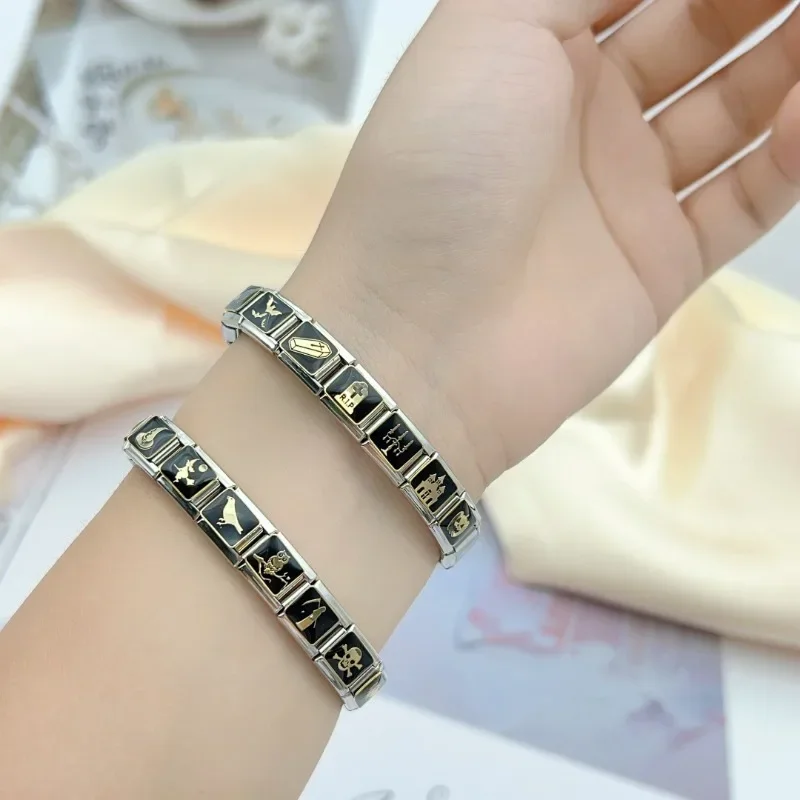 2025 Women Fashions Halloween Dark Gothic Elastic Italian Charm Links Fit 9mm Stainless Steel Modular Bracelet Making Jewelry