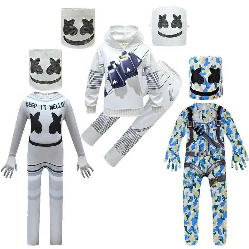 l2025l Halloween Kids Halloween Costume Boys Marshmello DJ Mask Interesting Jumpsuit Headgear Hoodies Suit Music Christmas Party