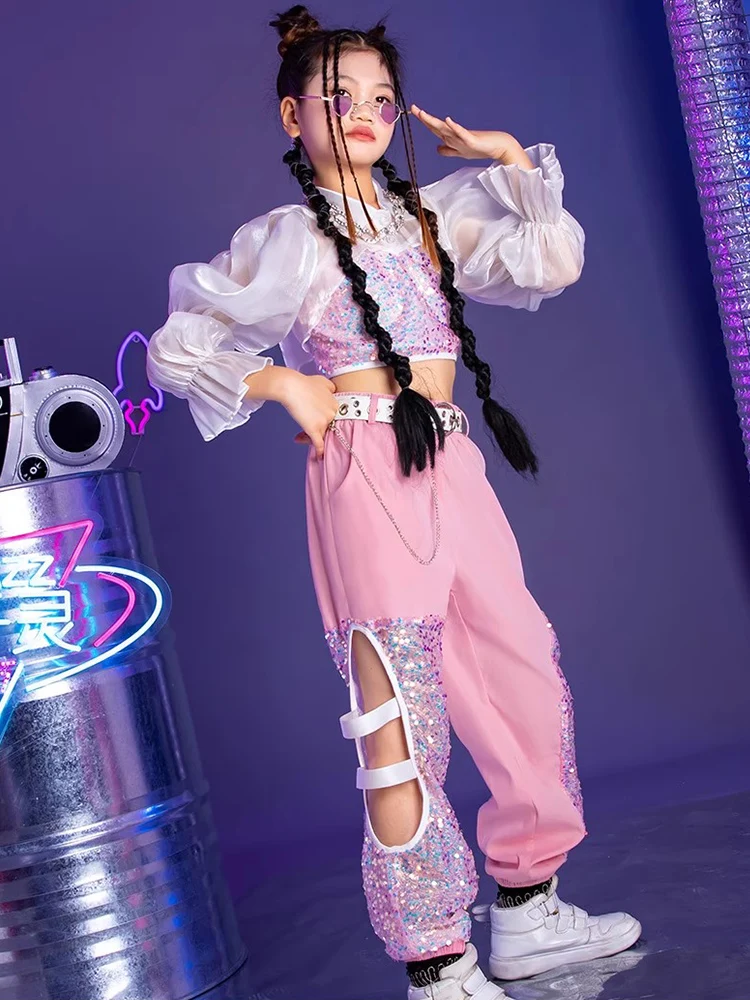 2023 New Jazz Dance Costum Sequins Puff Sleeve Tops Cargo Pants Stage Costume Hip Hop Street Outfit Festival Clothing DL11120